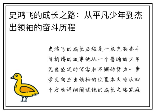 史鸿飞的成长之路：从平凡少年到杰出领袖的奋斗历程