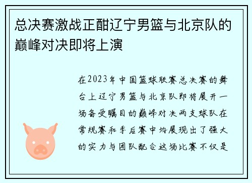 总决赛激战正酣辽宁男篮与北京队的巅峰对决即将上演